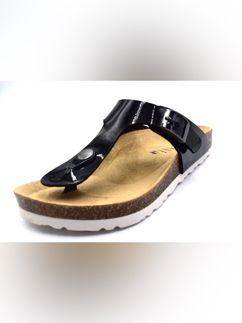Women’s Black Patent Toe-Post Sandal with Adjustable Strap